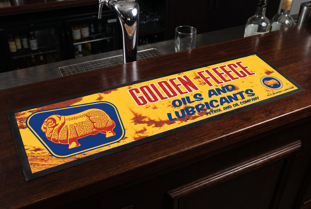 Golden Fleece Distressed Premium Rubber-Backed Bar Mat Runner on a bar top