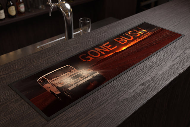 Gone Bush Premium Rubber-Backed Bar Mat Runner on a bar top
