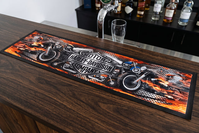 Harley Davidson Motor Company Premium Rubber-Backed Bar Mat Runner on a bar top