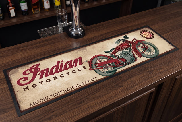 Indian Motorcycles Premium Rubber-Backed Bar Mat Runner on a bar top