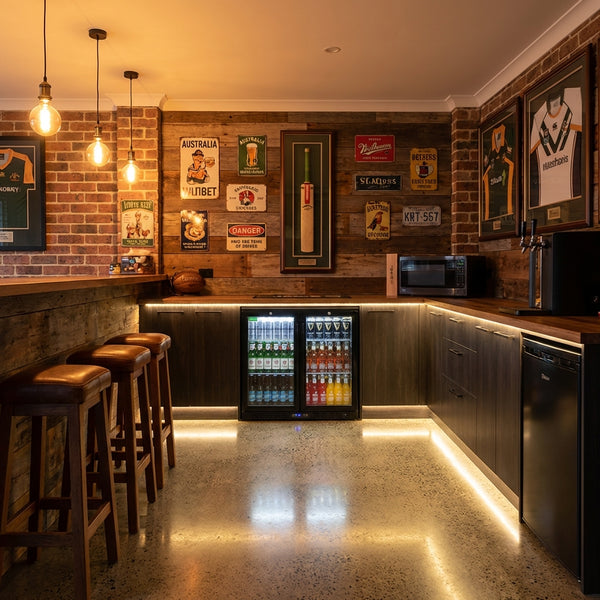 Commercial Under Bench Quiet Running Black Glass Double Door Bar Fridge Energy Efficient - Model SG2H-B — Modern Kitchen lifestyle setting