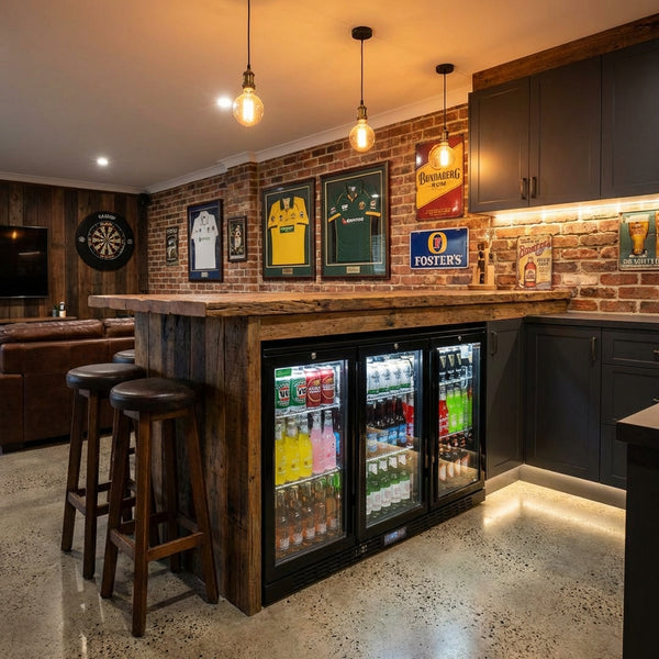 Commercial Glass 3 Door Black Under Bench Bar Fridge With Heated Glass To Stop Condensation - Model SG3H-B-HD — Modern Kitchen lifestyle setting
