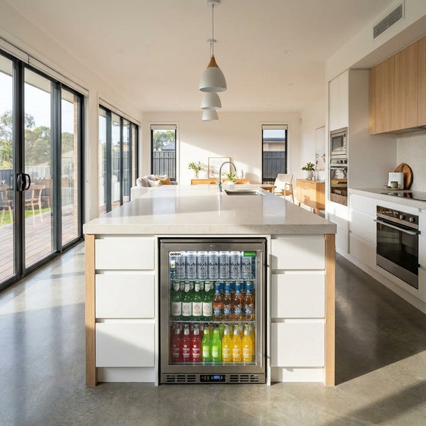 Rhino Stainless Steel Quiet 1 Heated Glass Door Bar Fridge With Low Energy Consumption - Left Hinged - Model SG1L-HDQ — Modern Kitchen lifestyle setting