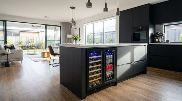 Under Bench Beer And Wine Dual Zone Bar Fridge - Model JC165B — Modern Kitchen lifestyle setting