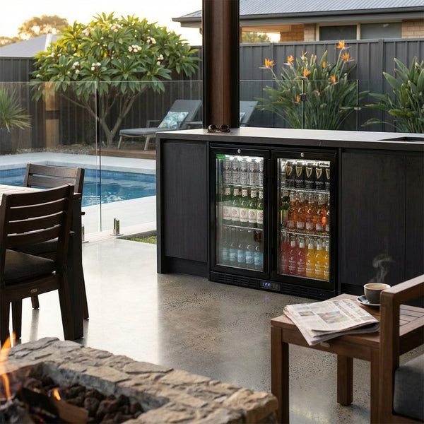 Commercial Under Bench Quiet Running Black Glass Double Door Bar Fridge Energy Efficient - Model SG2H-B — Home Bar lifestyle setting