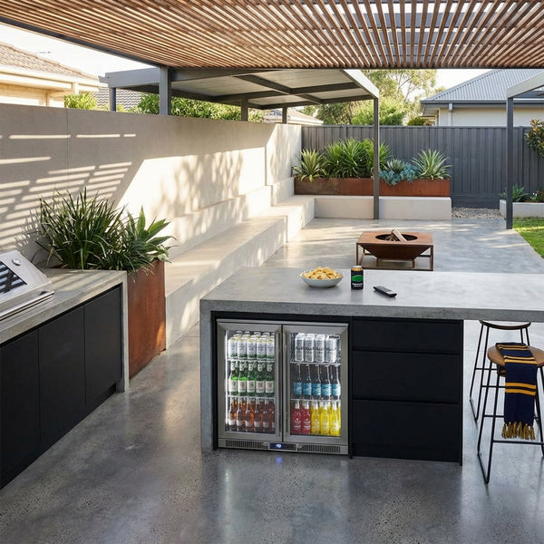 Outdoor Rhino ENVY Bar Fridge Coldest Beer 43ºC+ Best Alfresco 316 Marine Grade Stainless Quiet With No Condensation - Model ENV2H-SS — Outdoor Entertaining lifestyle setting