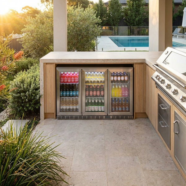 Rhino Glass 3 Door Alfresco Outdoor Bar Fridge All Stainless Energy Efficient Alfresco 330L - Model GSP3H-SS — Outdoor Entertaining lifestyle setting