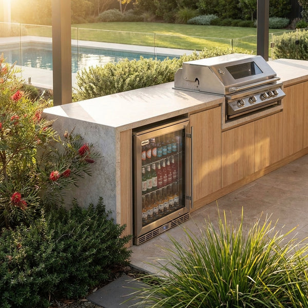 Rhino Alfresco Kitchen Glass Door Outdoor Bar Fridge Great For Cold Beer In Hot Climates - Model GSP1HL-SS — Outdoor Entertaining lifestyle setting