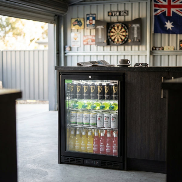 Rhino Black 1 Heated Glass Door Bar Fridge With Brand Parts And Low Energy Consumption - Model SG1L-B-HD — Outdoor Entertaining lifestyle setting
