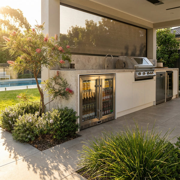 Rhino Glass 2 Door Energy Efficient Alfresco 208L Bar Fridge with LOW E Glass - Model GSP2H-840-SS — Outdoor Entertaining lifestyle setting