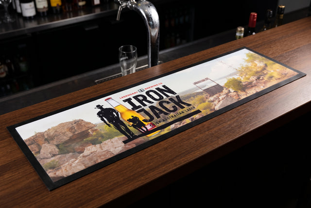 Iron Jack Premium Rubber-Backed Bar Mat Runner on a bar top