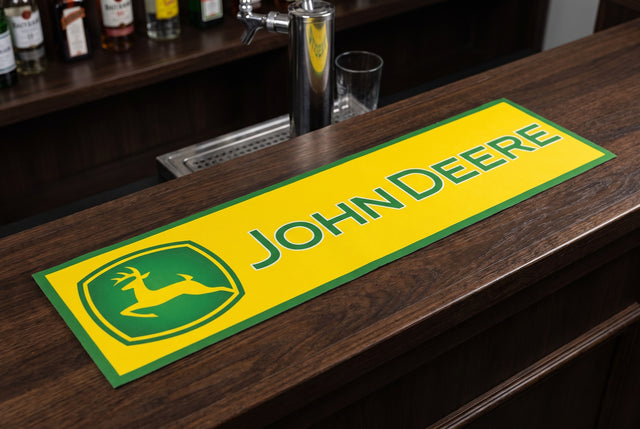 John Deere Premium Rubber-Backed Bar Mat Runner on a bar top