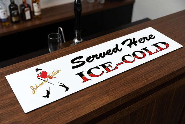 Johnnie Walker "Served Here Ice Cold" Premium Rubber-Backed Bar Mat Runner on a bar top