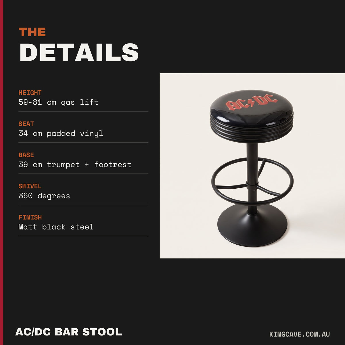 AC/DC Black Matt Gas-Lift Adjustable Bar Stool