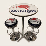 Mobilgas bar table and two bar stools