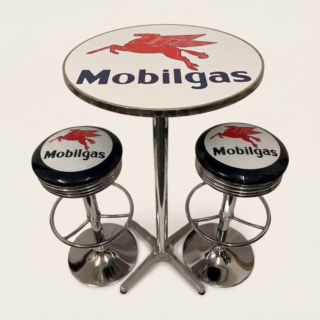 Mobilgas bar table and two bar stools
