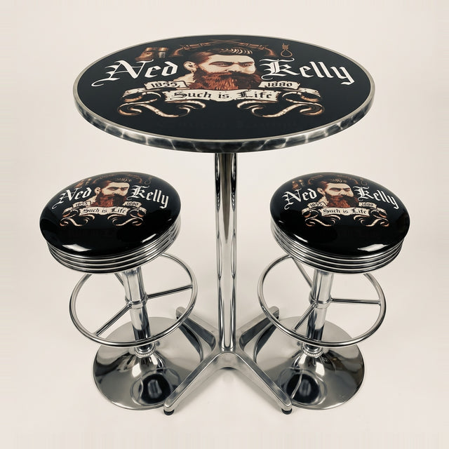 Ned Kelly bar table and two bar stools