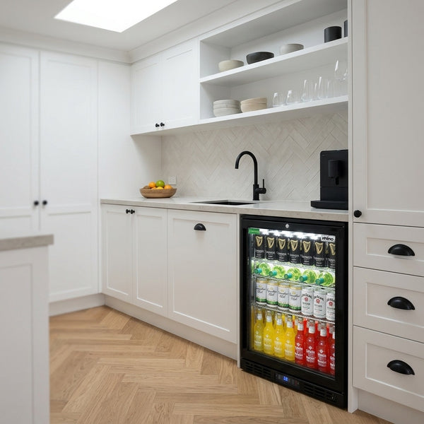 Rhino SG1 Black HD bar fridge under the bench in a white shaker butler's pantry with matte black tap and handles