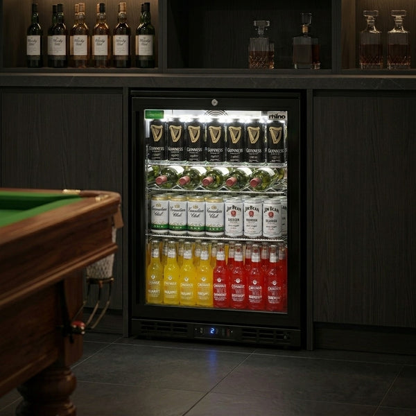 Rhino SG1 Black HD bar fridge glowing in a dark games room back bar beside a billiard table