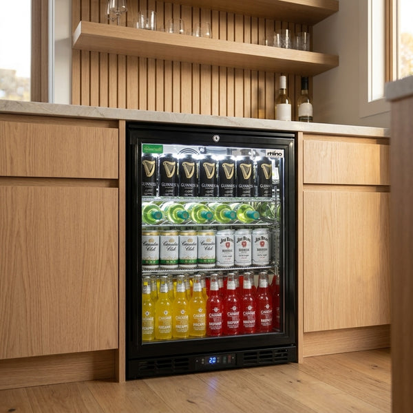 Rhino SG1 Black HD bar fridge recessed under a stone benchtop in light oak home bar joinery