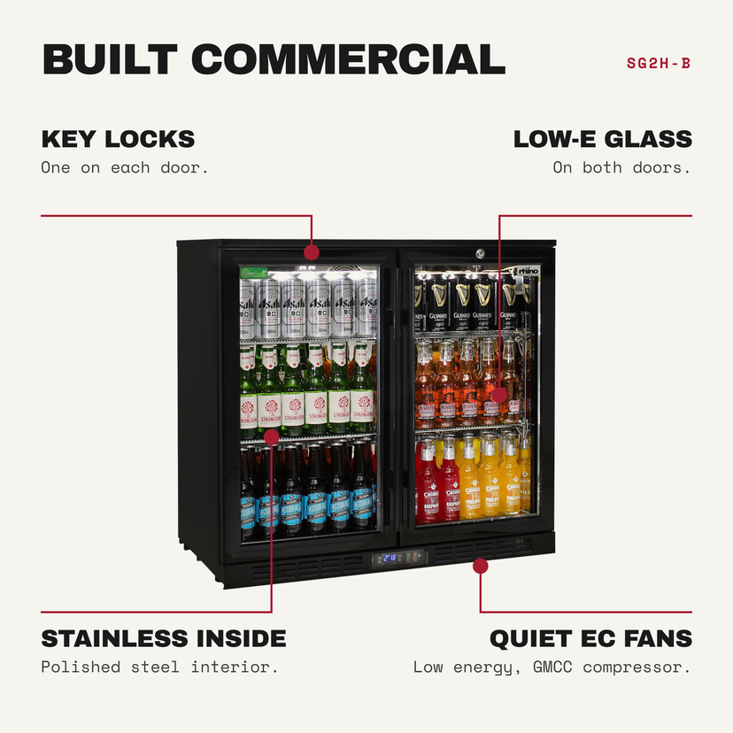 Rhino SG2H-B features: key locks (one on each door), low-e glass (on both doors), stainless inside (polished steel interior), quiet ec fans (low energy, gmcc compressor)