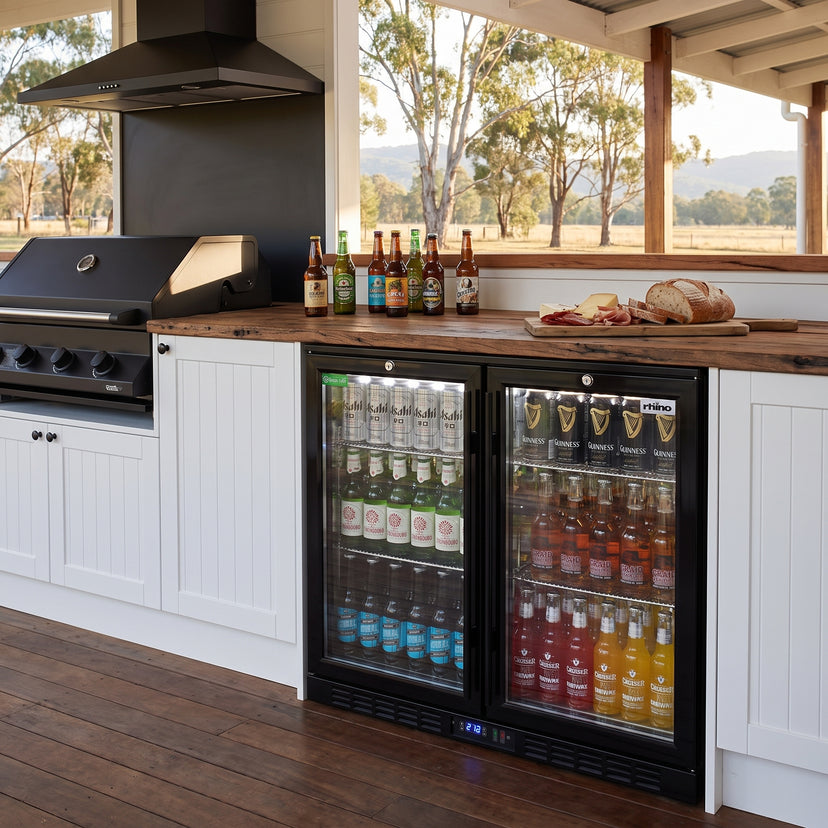 Rhino SG2H-B bar fridge built into an outdoor kitchen: country verandah kitchen, black bbq and rangehood