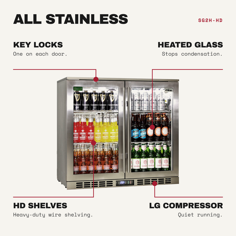 Rhino SG2H-HD features: key locks (one on each door), heated glass (stops condensation), hd shelves (heavy-duty wire shelving), lg compressor (quiet running)
