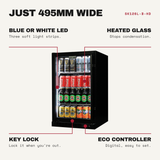 Schmick SK126L-B-HD features: just 495mm wide, blue or white LED, heated glass, key lock, ECO controller
