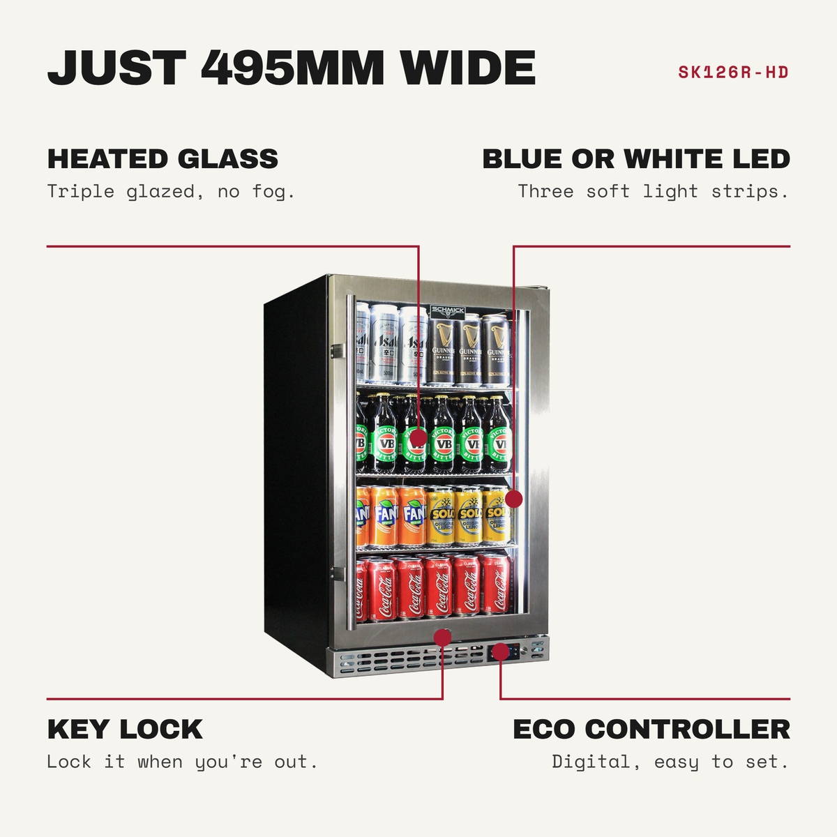 Schmick SK126R-HD features: heated glass (triple glazed, no fog), blue or white led (three soft light strips), key lock (lock it when you're out), eco controller (digital, easy to set)