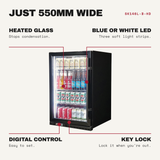 Schmick SK146L-B-HD features: heated glass (stops condensation), blue or white led (three soft light strips), digital control (easy to set), key lock (lock it when you're out)