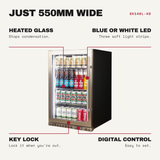 Schmick SK146L-HD features: heated glass (stops condensation), blue or white led (three soft light strips), key lock (lock it when you're out), digital control (easy to set)