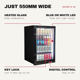 Schmick SK146R-B-HD features: heated glass (stops condensation), blue or white led (three soft light strips), key lock (lock it when you're out), digital control (easy to set)