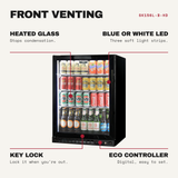 Schmick SK156L-B-HD features: heated glass (stops condensation), blue or white led (three soft light strips), key lock (lock it when you're out), eco controller (digital, easy to set)