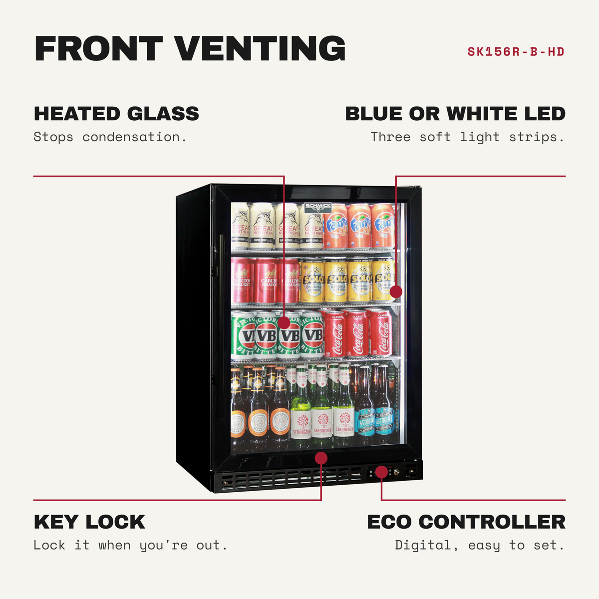 Schmick SK156R-B-HD features: heated glass (stops condensation), blue or white led (three soft light strips), key lock (lock it when you're out), eco controller (digital, easy to set)