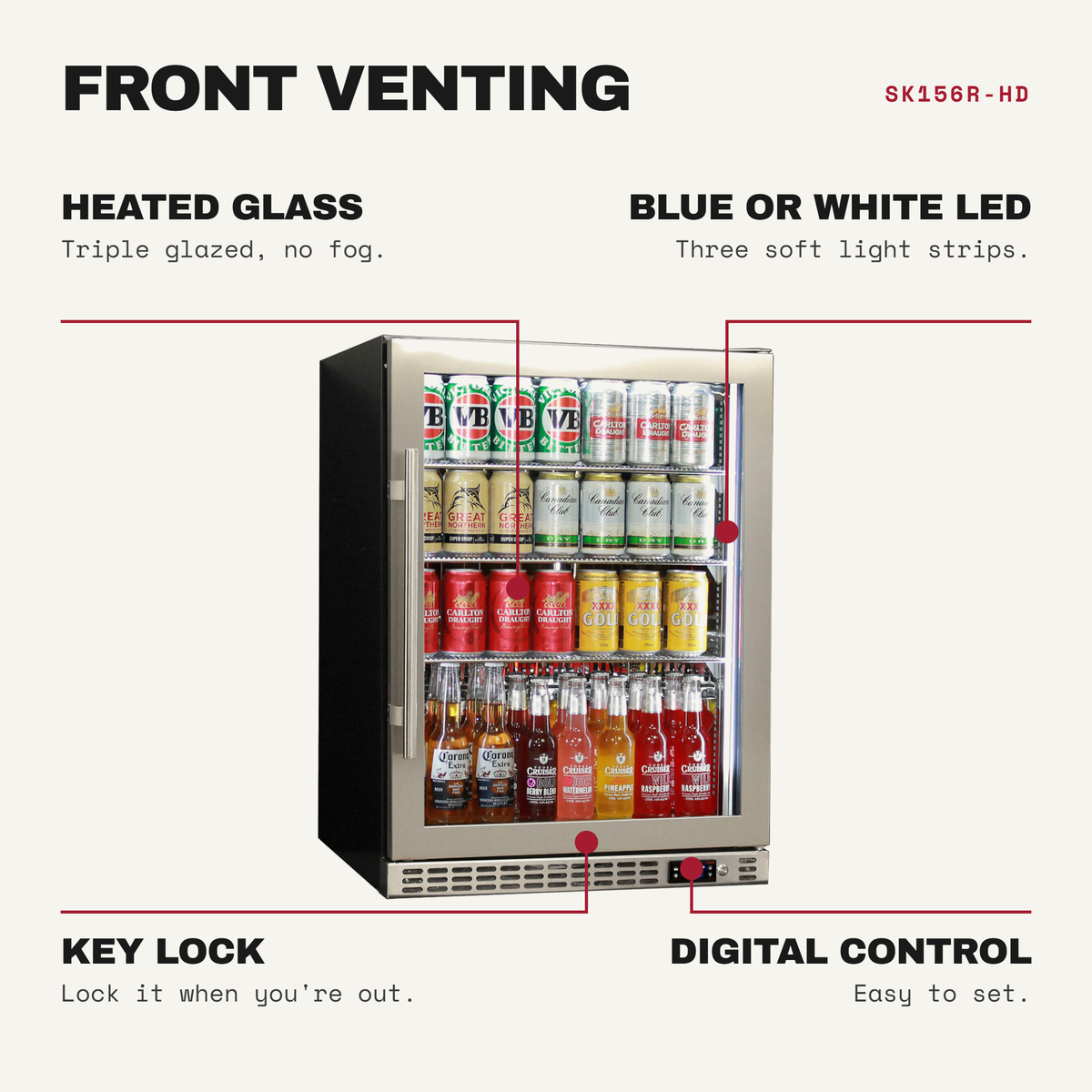 Schmick SK156R-HD features: heated glass (triple glazed, no fog), blue or white led (three soft light strips), key lock (lock it when you're out), digital control (easy to set)