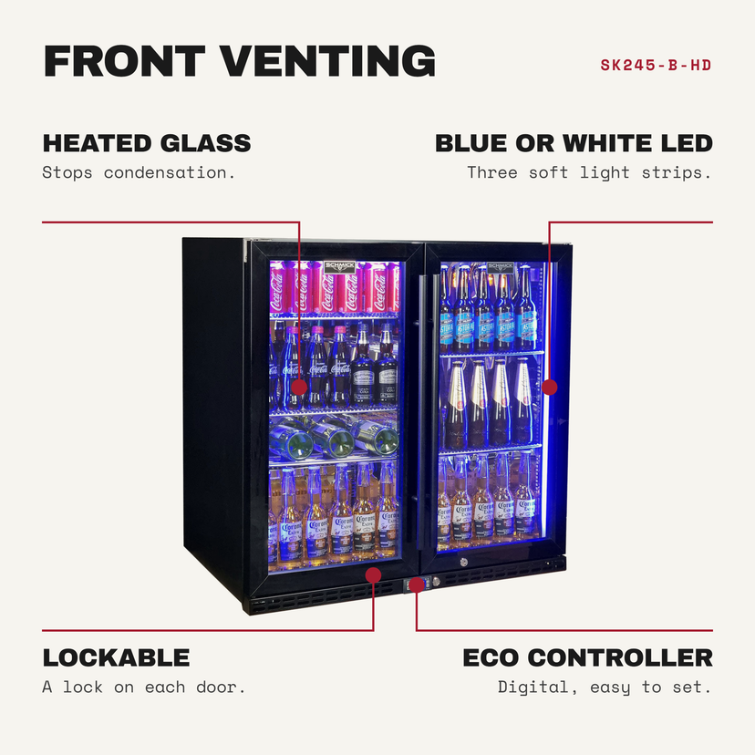 Schmick SK245-B-HD features: heated glass (stops condensation), blue or white led (three soft light strips), lockable (a lock on each door), eco controller (digital, easy to set)