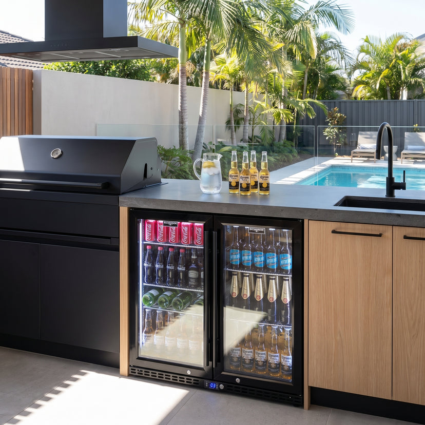 Schmick SK245-B-HD bar fridge built into an outdoor kitchen: queensland poolside kitchen, black bbq and rangehood