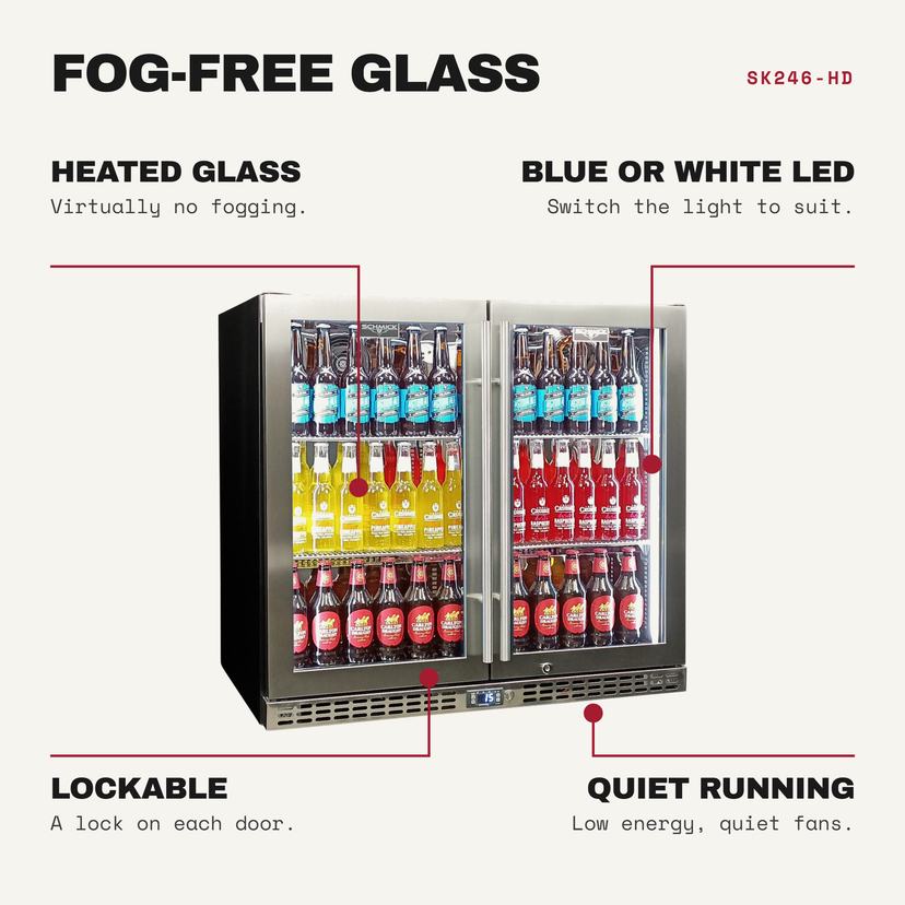 Schmick SK246-HD features: heated glass (virtually no fogging), blue or white led (switch the light to suit), lockable (a lock on each door), quiet running (low energy, quiet fans)