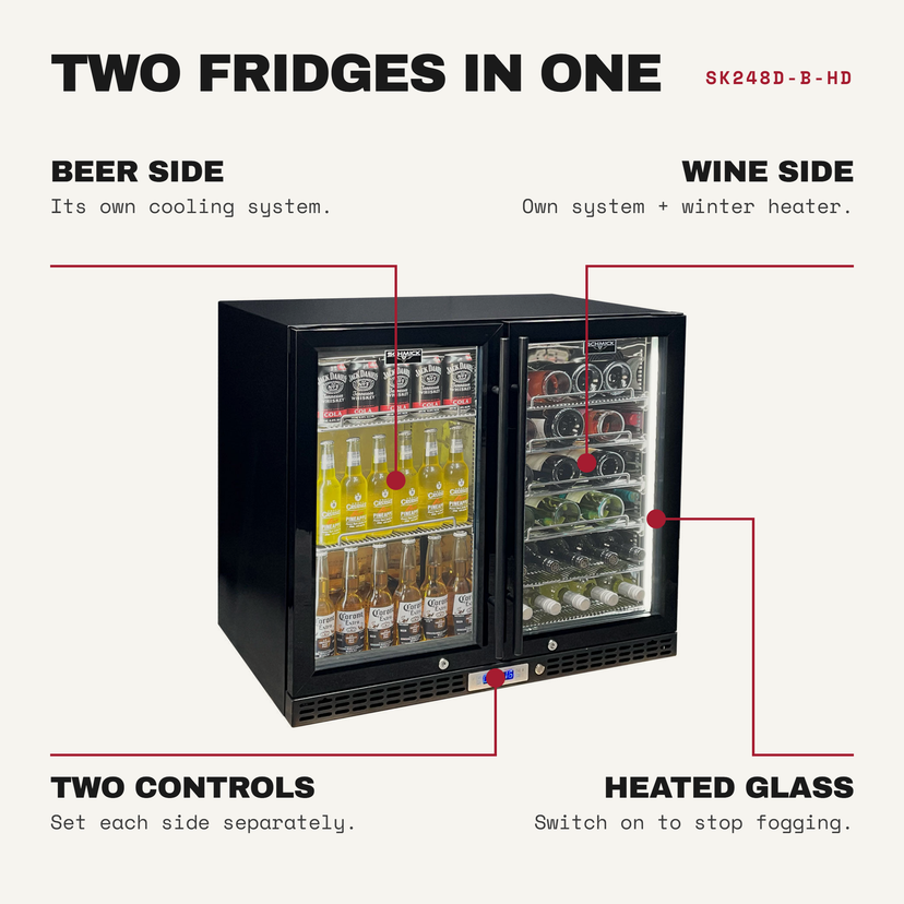 Schmick SK248D-B-HD features: beer side and wine side each with its own cooling system, wine-side winter heater, two controls, heated glass