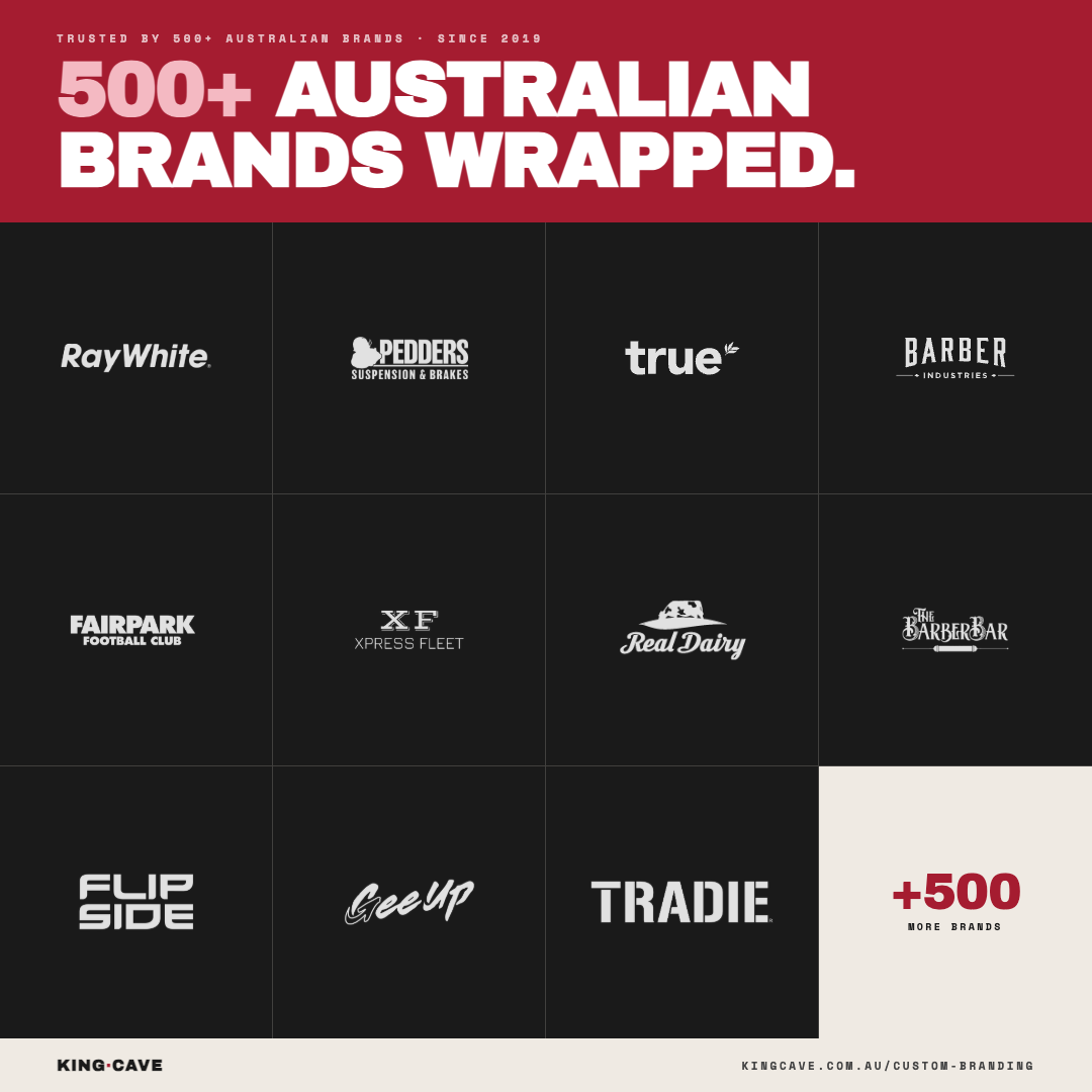 Trusted by 500+ Australian brands — KingCave custom-branding logo wall