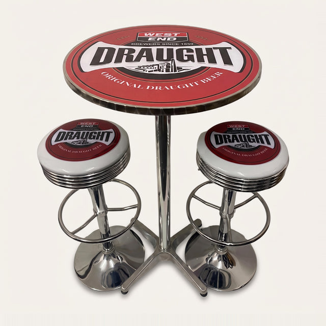 West End Draught bar table and two bar stools