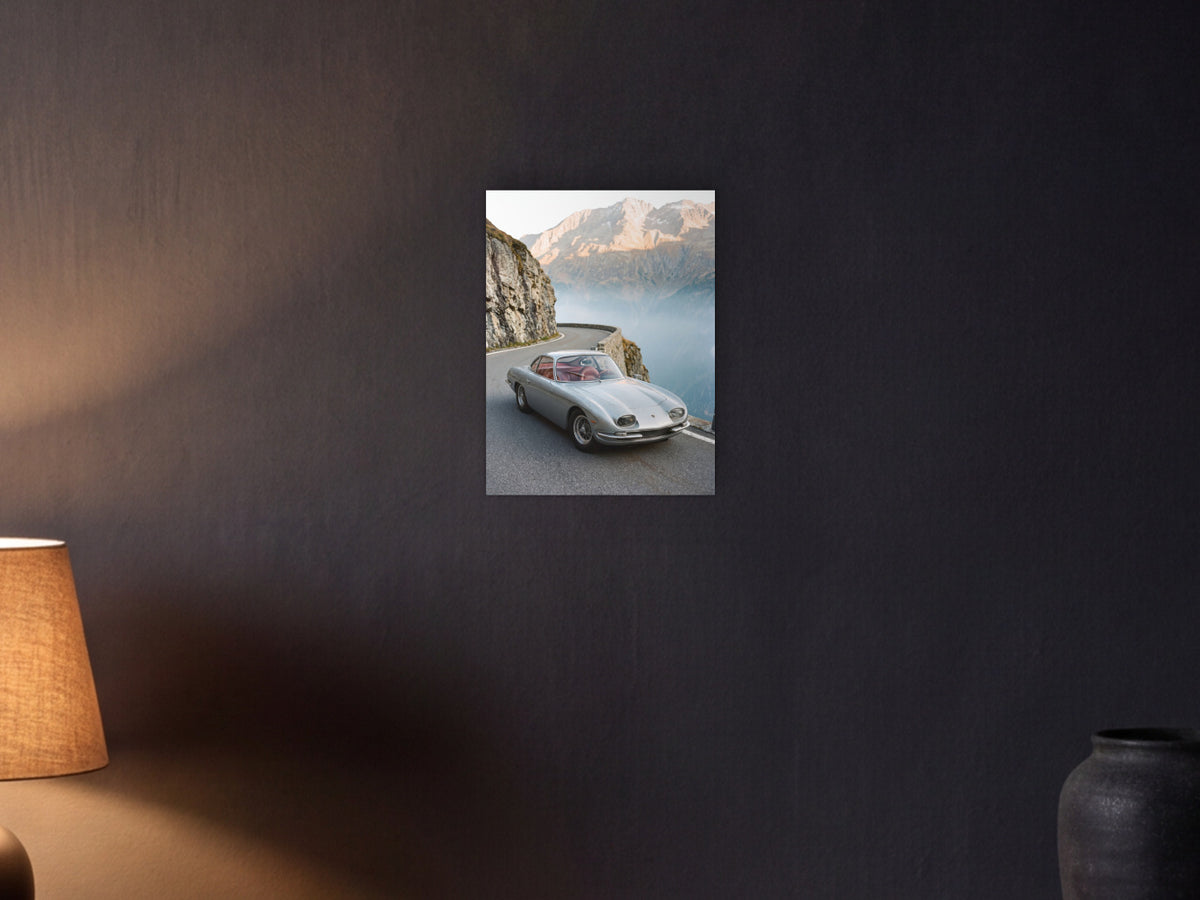 Lamborghini 350 GT - Alpine Pass shown in a graphite plaster wall at night, lit by a console lamp - scale render at 30 x 40 cm