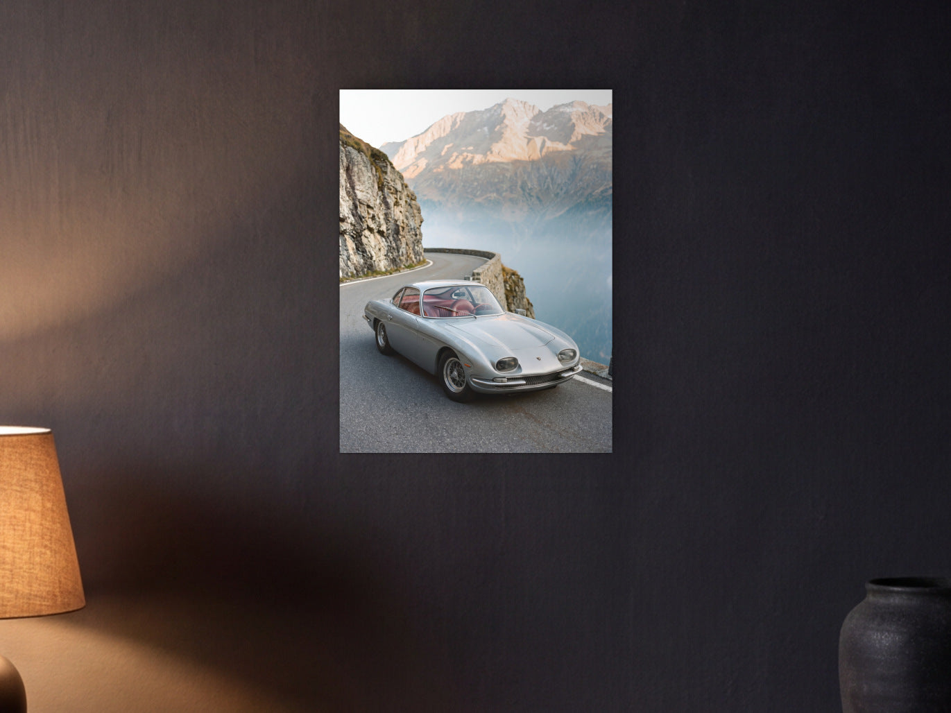 Lamborghini 350 GT - Alpine Pass shown in a graphite plaster wall at night, lit by a console lamp - scale render at 45 x 60 cm
