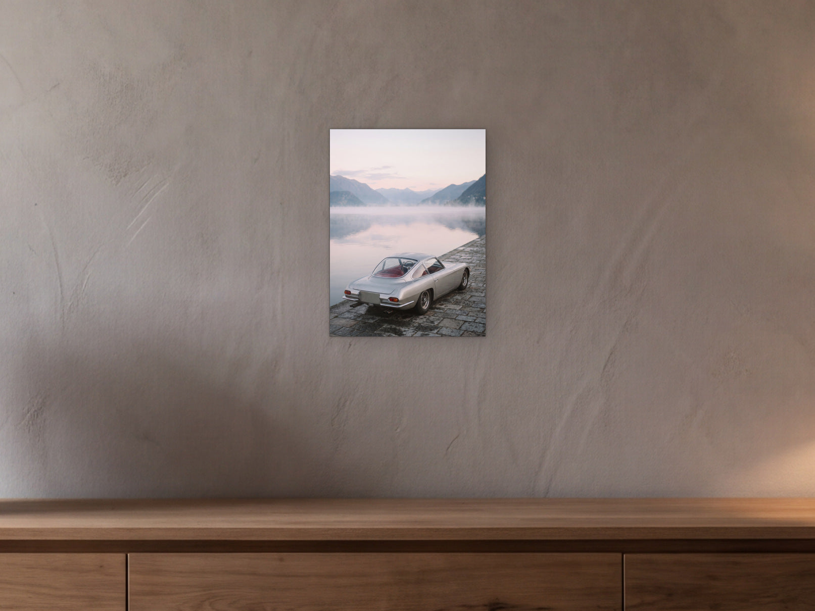 Lamborghini 350 GT - Lake Dawn shown in a beamed room with a greige plaster wall above a long oak sideboard - scale render at 30 x 40 cm