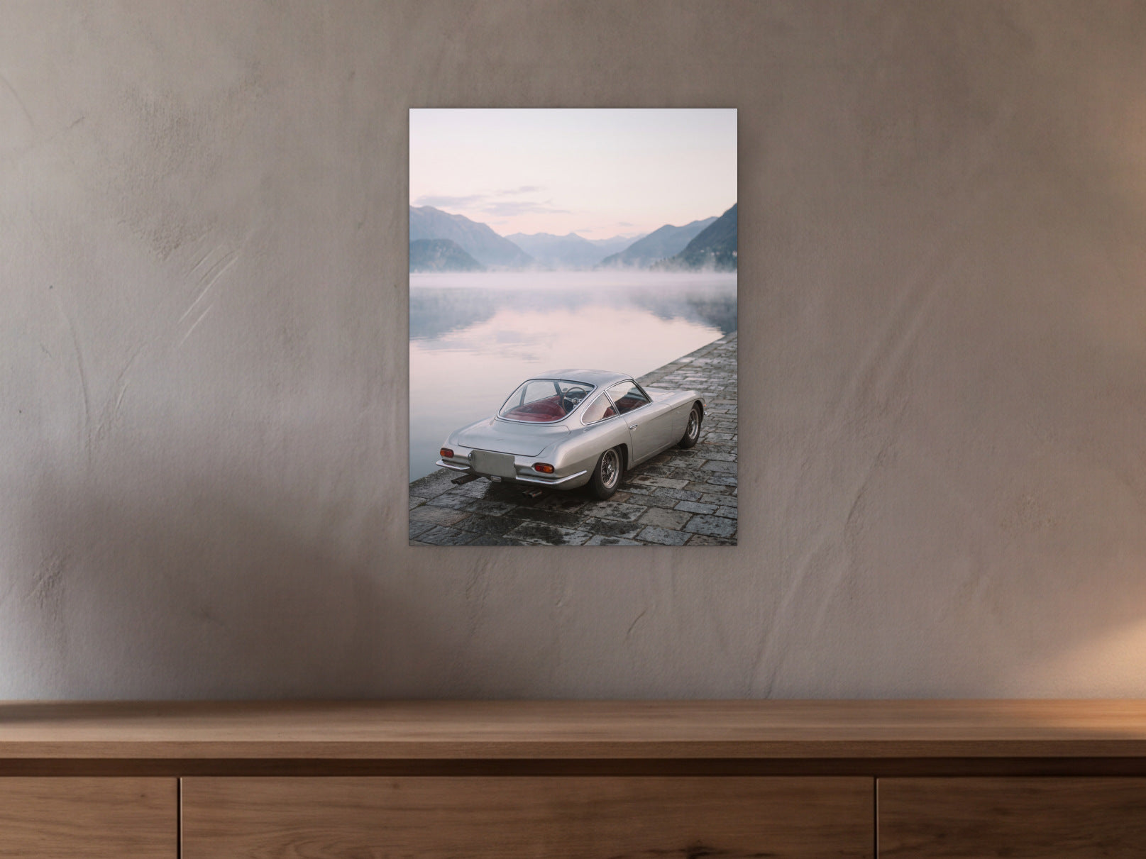 Lamborghini 350 GT - Lake Dawn shown in a beamed room with a greige plaster wall above a long oak sideboard - scale render at 45 x 60 cm