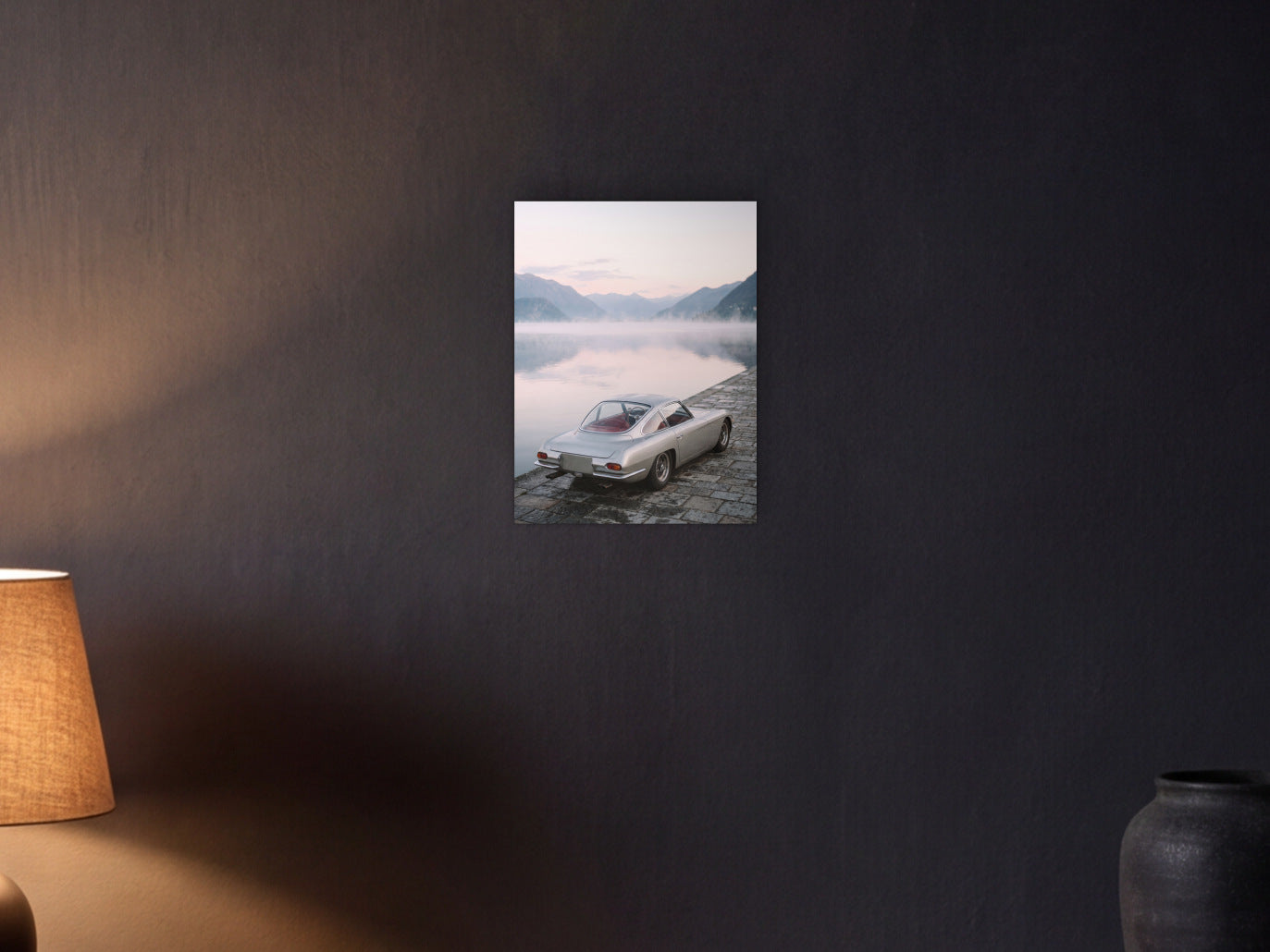 Lamborghini 350 GT - Lake Dawn shown in a graphite plaster wall at night, lit by a console lamp - scale render at 30 x 40 cm