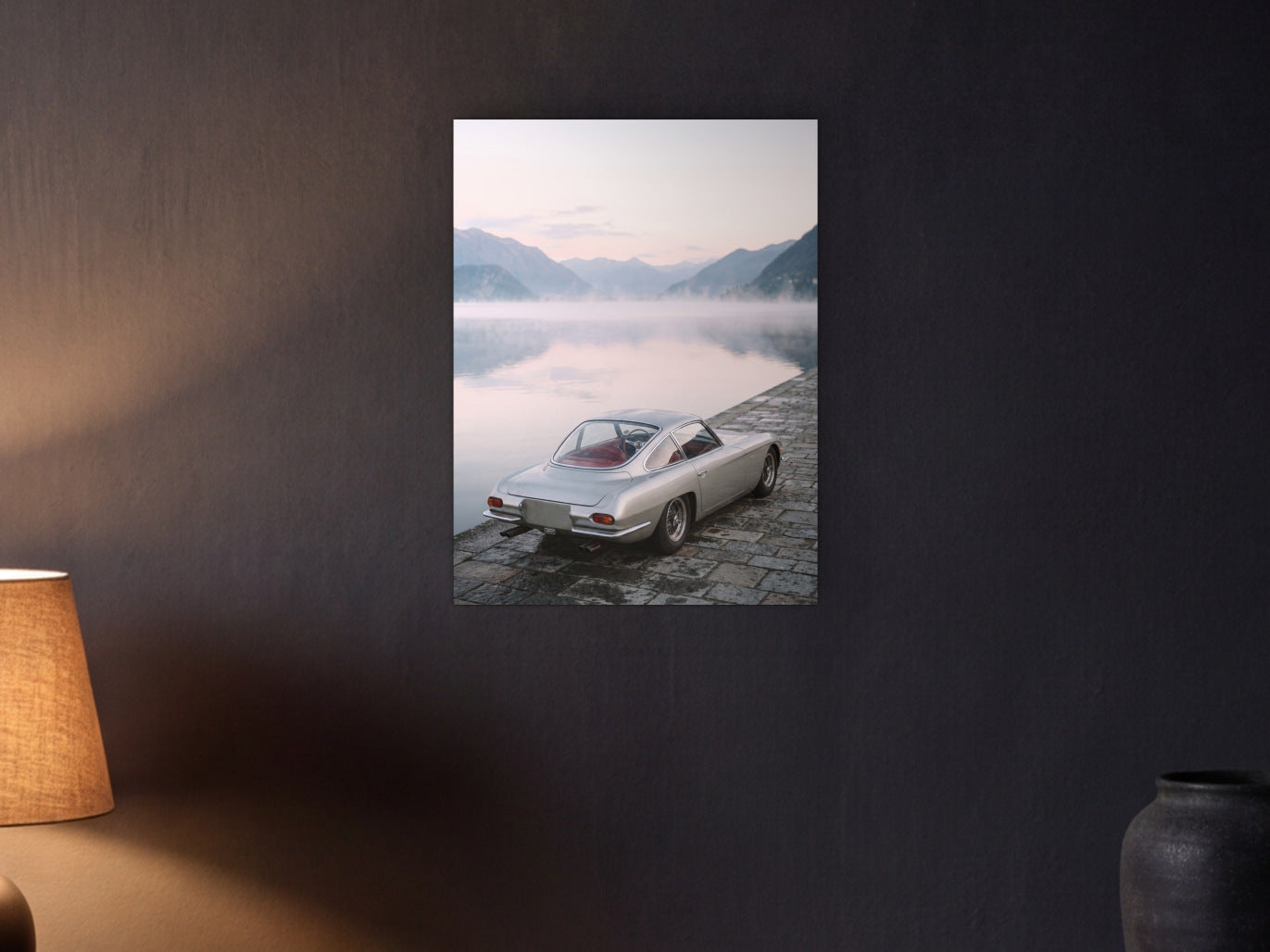 Lamborghini 350 GT - Lake Dawn shown in a graphite plaster wall at night, lit by a console lamp - scale render at 45 x 60 cm