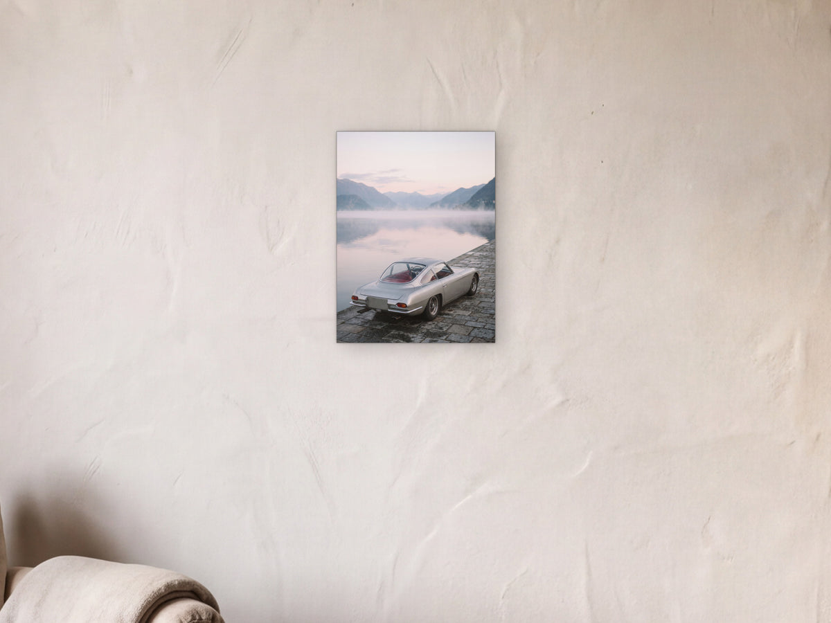 Lamborghini 350 GT - Lake Dawn shown in a limewash reading corner beside an armchair and a floor lamp - scale render at 30 x 40 cm
