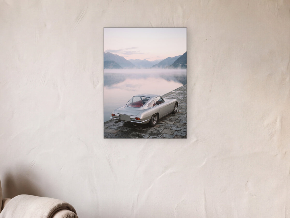 Lamborghini 350 GT - Lake Dawn shown in a limewash reading corner beside an armchair and a floor lamp - scale render at 45 x 60 cm