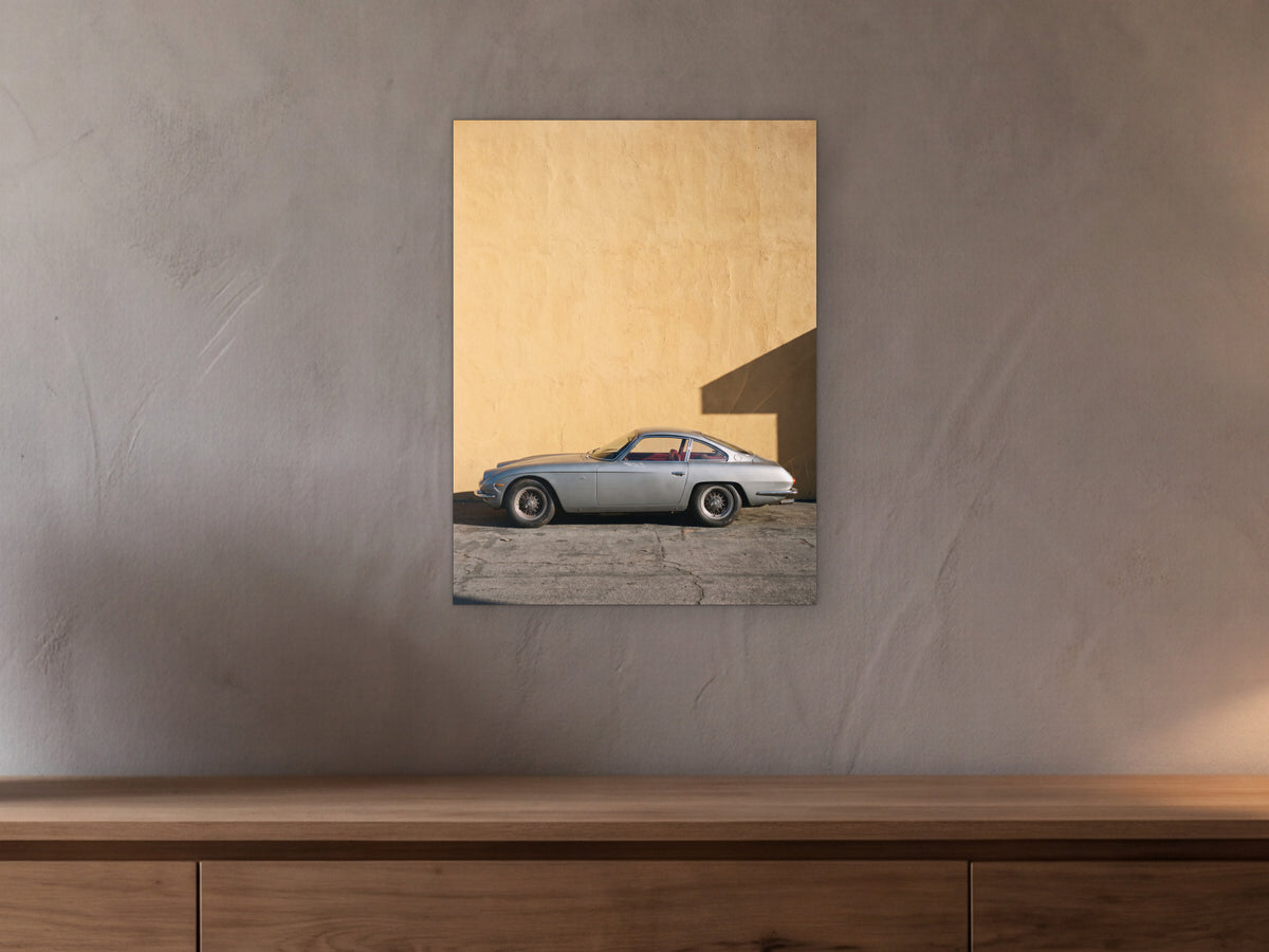 Lamborghini 350 GT - Ochre Wall shown in a beamed room with a greige plaster wall above a long oak sideboard - scale render at 45 x 60 cm
